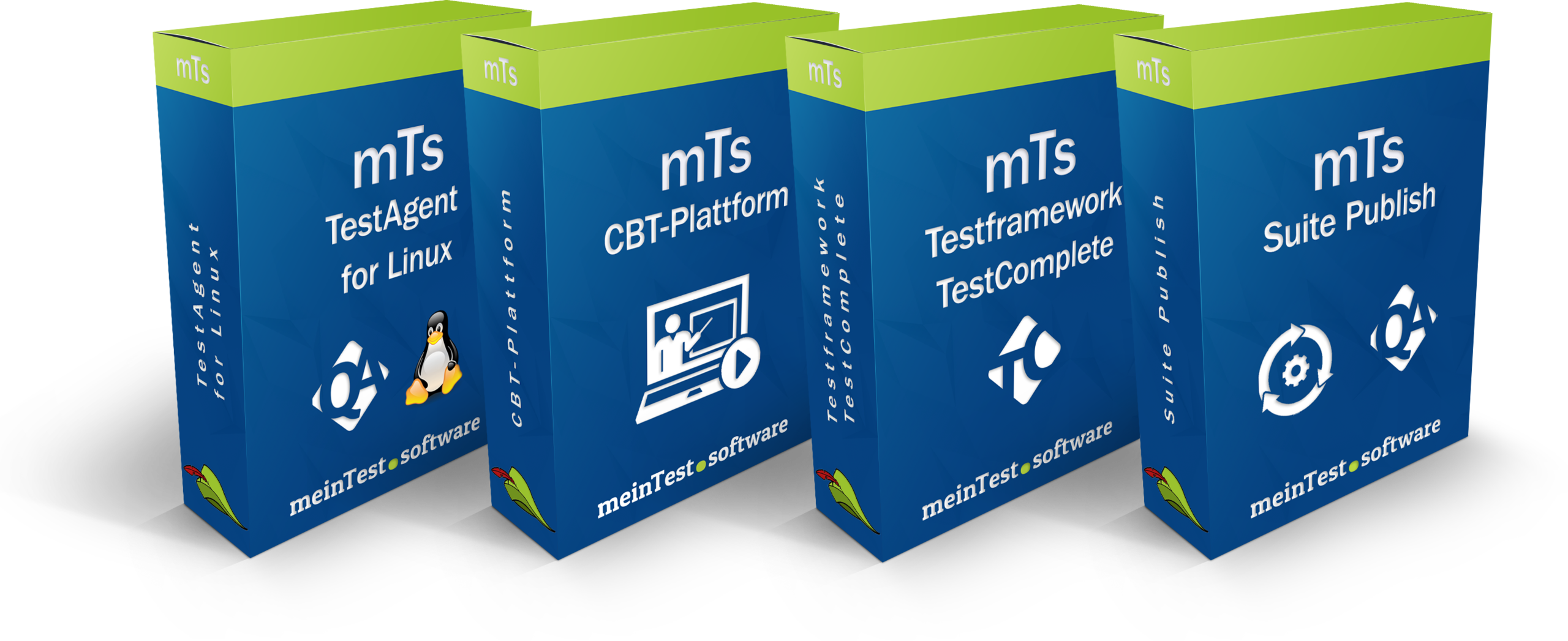Die Produkte TestAgent 4 Linux, CBT-Plattform, Testframework für TestComplete und Suite Publish mit ihrer zugehörigen Produktebox